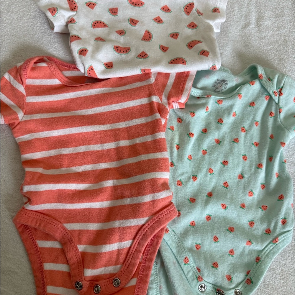 Coral Stripe & Mint Strawberry Baby One-Piece Bodysuits - 3-Pack